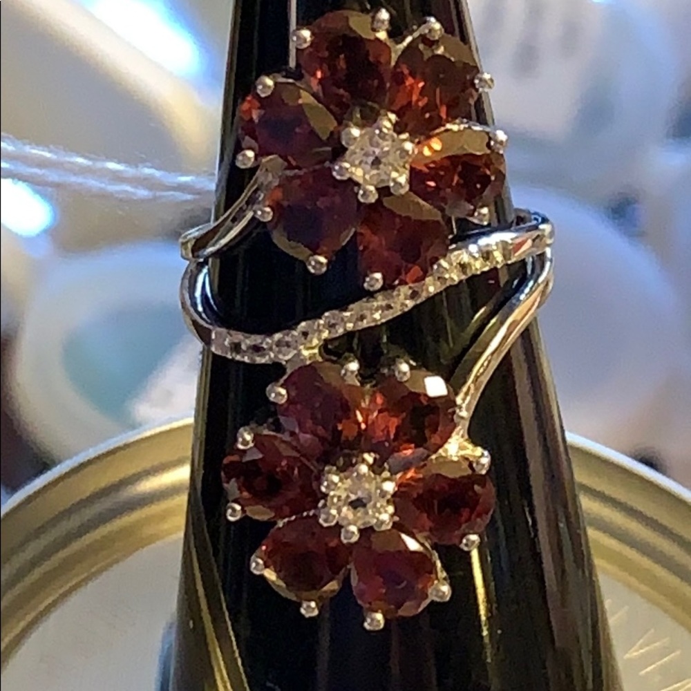 Garnet and white topaz sterling silver ring